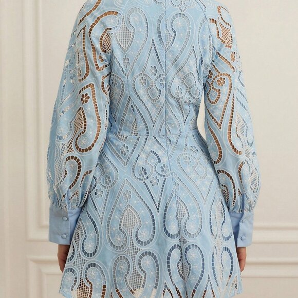 Elegant Blue Women's Long Sleeve Embroidered Dress - Picture 2 of 6